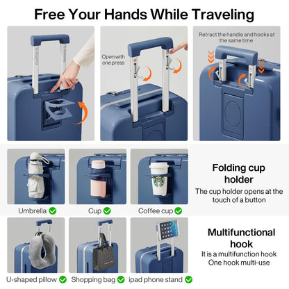 mixi Large Checked Luggage with Cup Phone Holder and Charger Hard Shell Suitcases with Spinner Wheels, 26 Inch Sapphire Blue