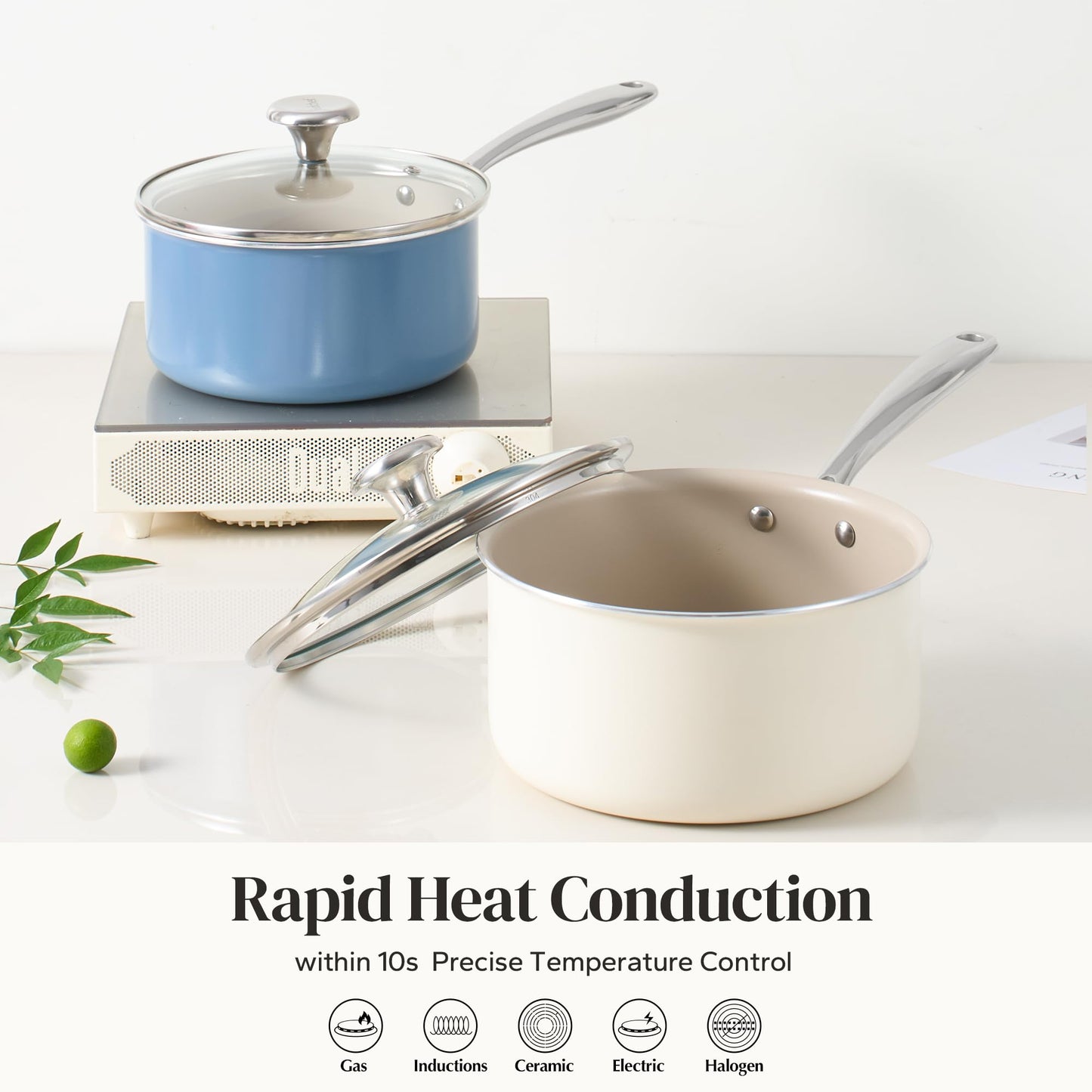 Redchef Ceramic Sauce Pan with Lid, 2.5QT Small Saucepan, Nonstick Cooking Pot with Stay-Cool Handle, Kitchen Non Toxic Soup Pot, PTFE & PFOA Free, Oven Dishwasher Safe, Compatible All Stovetops-Beige