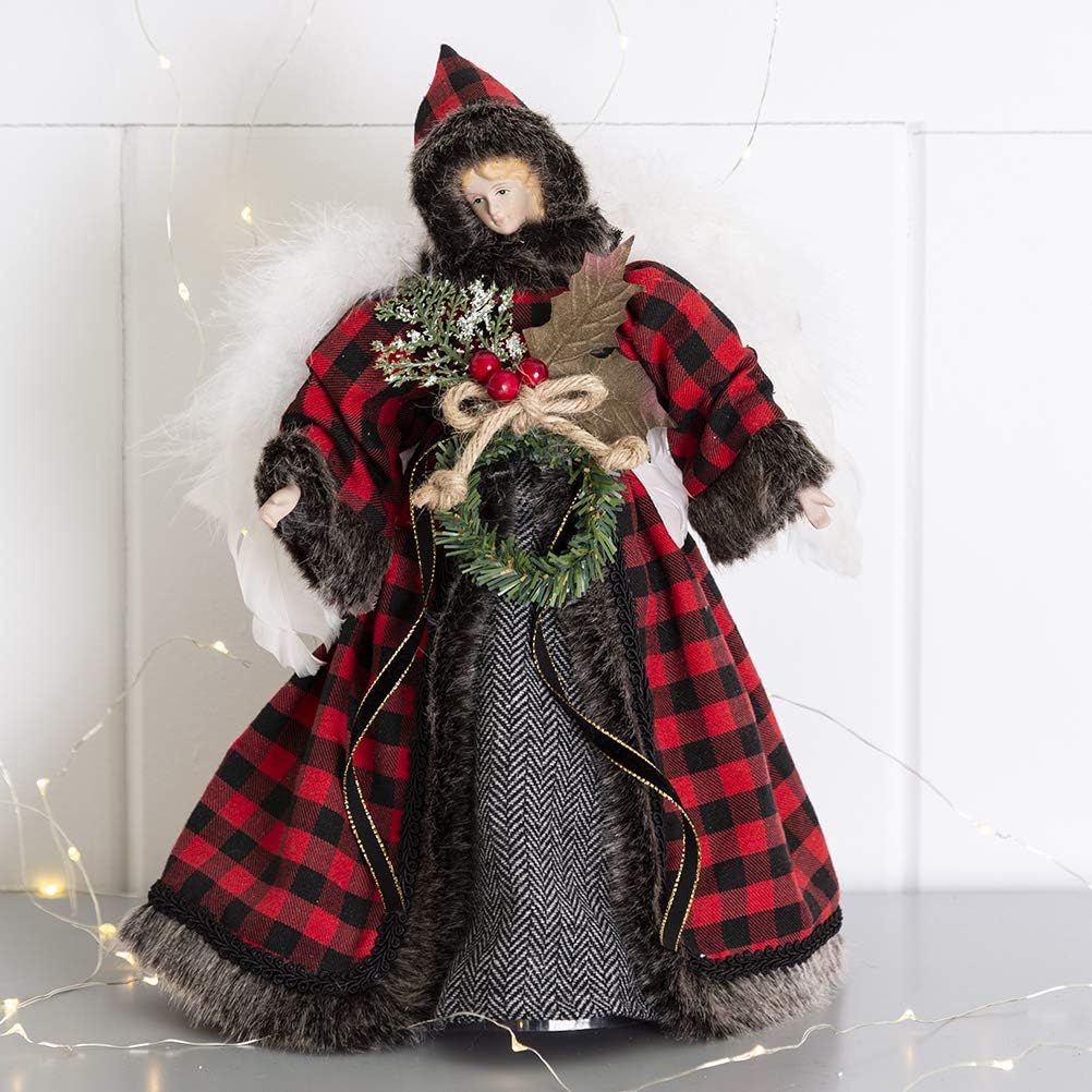 Glitzhome Handmade Plaid Angel Figurine Christmas Treetop Ornament, 12" H, Red & Black