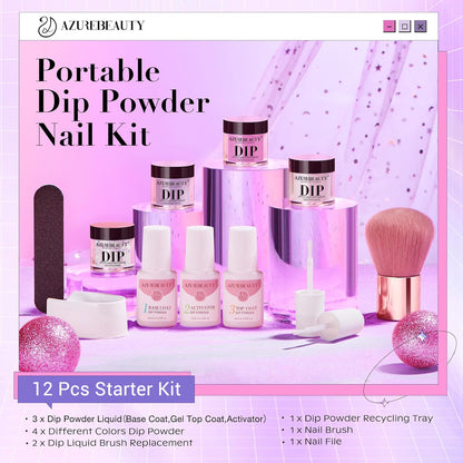AZUREBEAUTY Dip Powder Nail Kit Starter, All Season Skin Tone Nude Brown 4 Colors Acrylic Dip Powder Liquid Set with Base/Top Coat Activator for French Nail Art Manicure DIY Salon Gifts