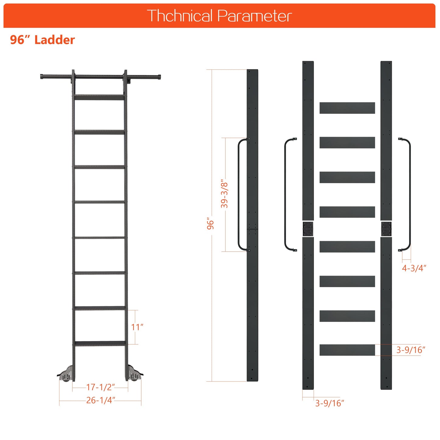 DIYHD 96" Lightweight Sliding Library Ladder with Handrail, Rolling Bookshelf Ladder with 4FT Rail System, Telescopic Top Hook, Upright Space-Saving Storage Design, 8 Steps, 300 Pound Capacity, Black