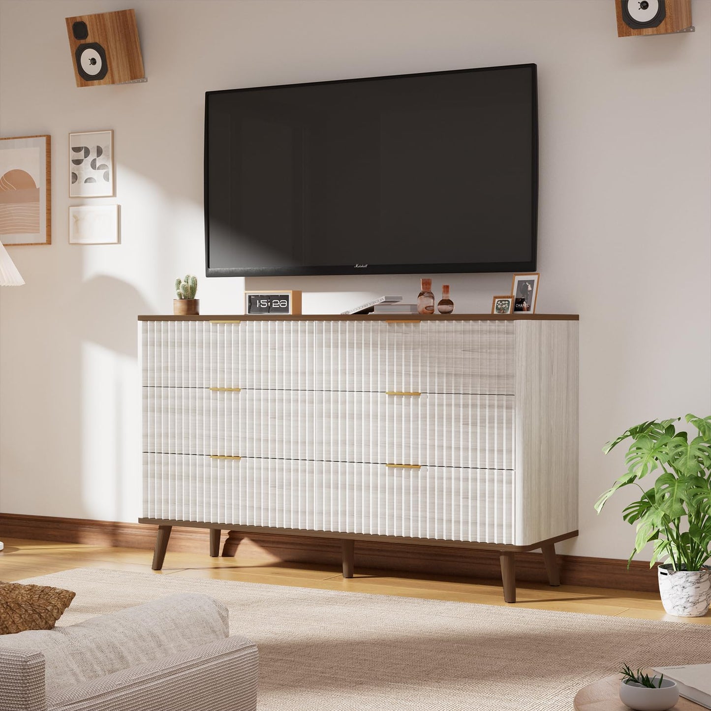 Mapleyard Fluted 6 Drawers Dresser, 47" Wide Wooden Chest of Drawers, Modern Mid Century Storage Closet Long Large Dresser for Bedroom, Living Room,Hallway, Entryway, Nursery Room, Beige + Walnut