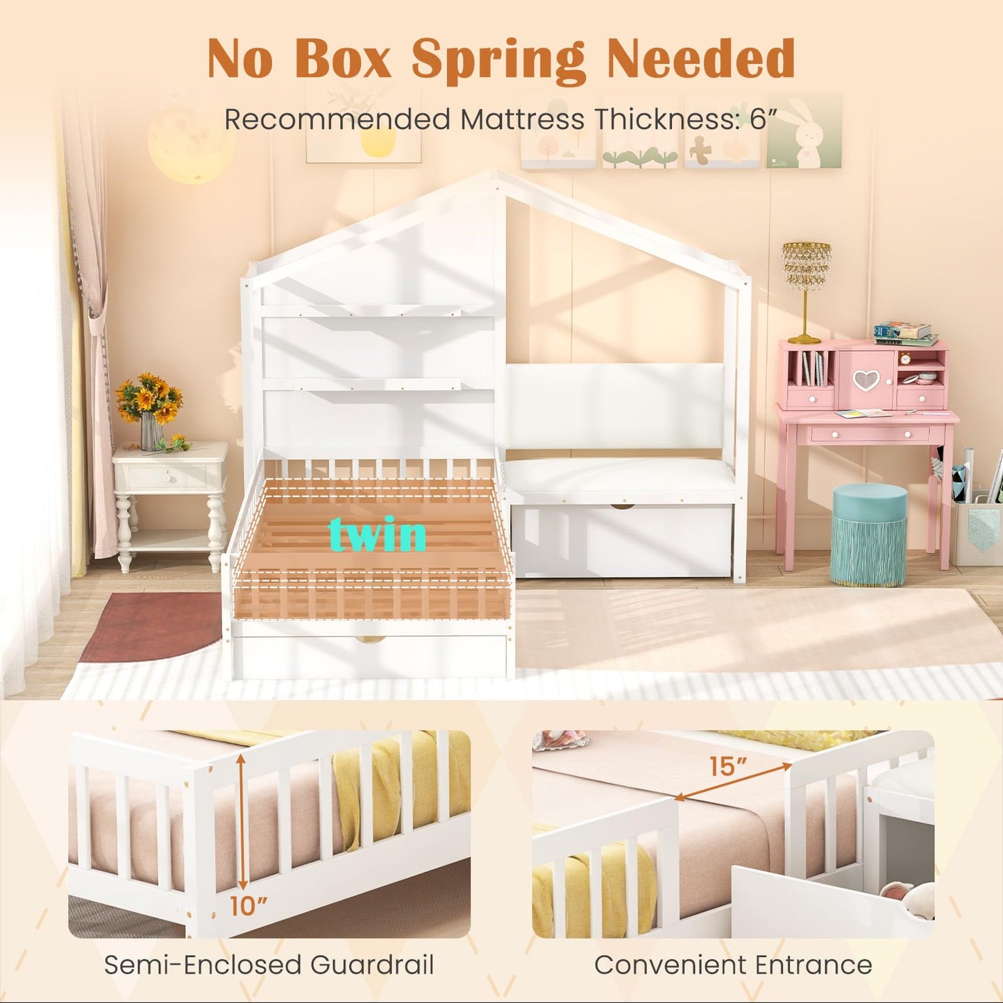 Giantex Twin House Bed for Kids, Wooden Kids Twin Bed Frame with Padded Bench, Floating Bookcase & 2 Rolling Storage Drawers, Wooden Montessori House Bed for Girls Boys, No Box Spring Needed, White