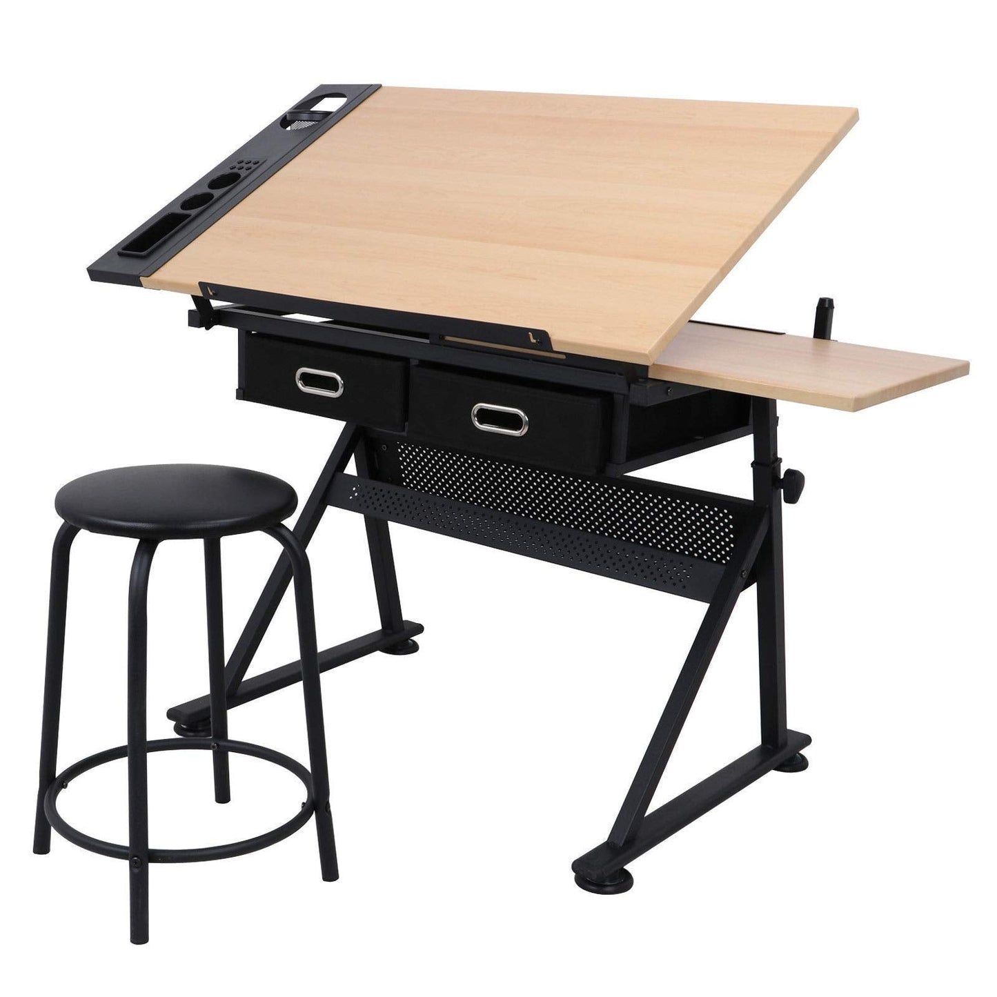 Cirocco Height Adjustable Drawing Drafting Table Desk w/Drawer Chair Stool | Tiltable Board Tabletop Office Workstation Durable Ergonomic Wide Ample Storage for Crafting Reading Painting Writing Art