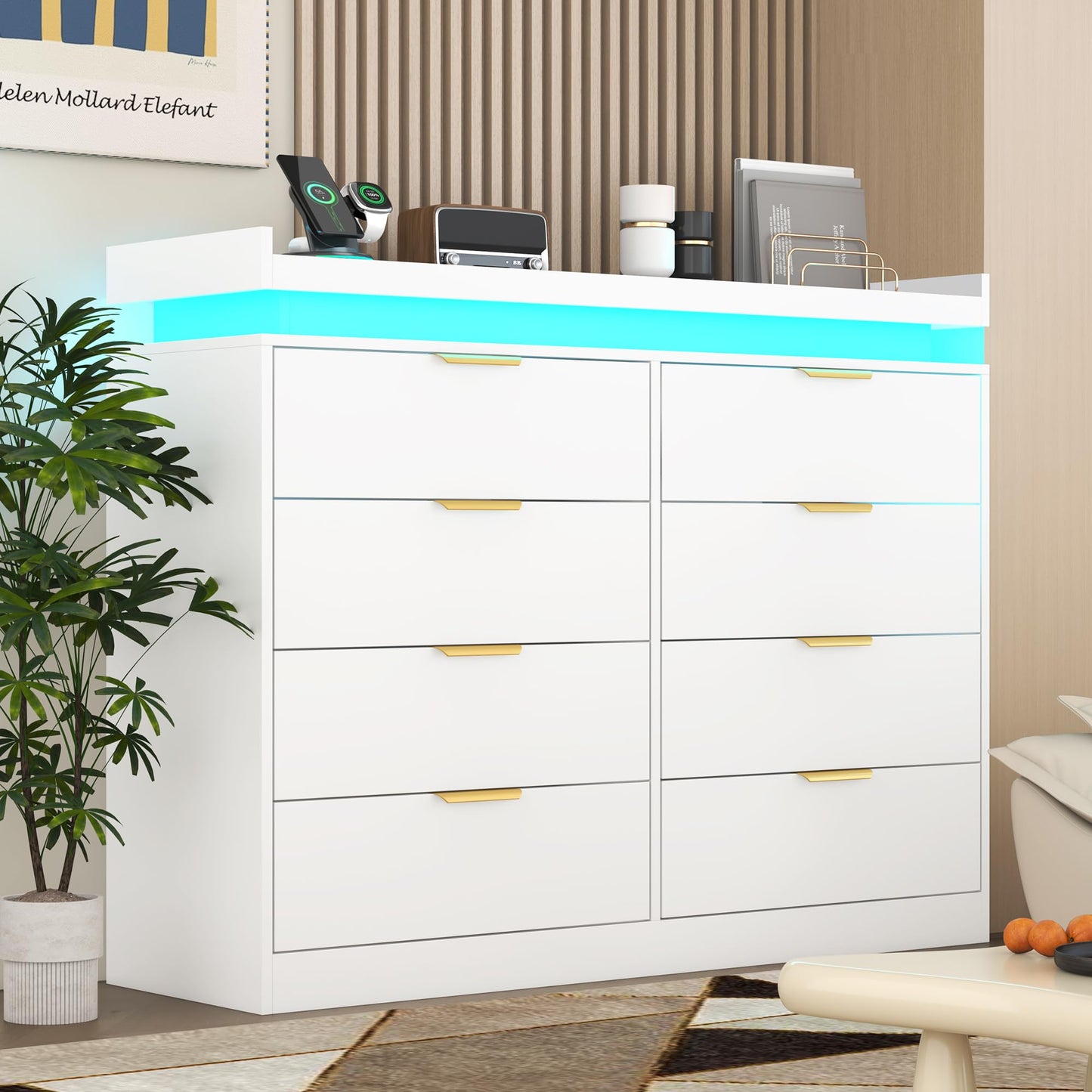 knoworld 8 Drawer Dressers for Bedroom, White Dresser with LED Lights and Power Outlet, Wood LED Dresser, Double Wide Modern Chest of Drawers for Bedroom, Entryway, Hallway