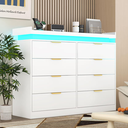 knoworld 8 Drawer Dressers for Bedroom, White Dresser with LED Lights and Power Outlet, Wood LED Dresser, Double Wide Modern Chest of Drawers for Bedroom, Entryway, Hallway