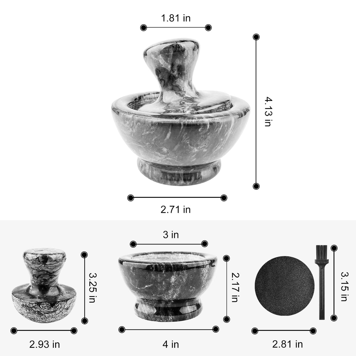 Mortar and Pestle Set, Marble Mortar and Mushroom Pestle,4 inch,1/2 Cup,Stone Grinder with Brush Placemat for Pills Herbs Spices,Easy to Grip,Gets a Fine Grind Easily,Pill Crusher,Black