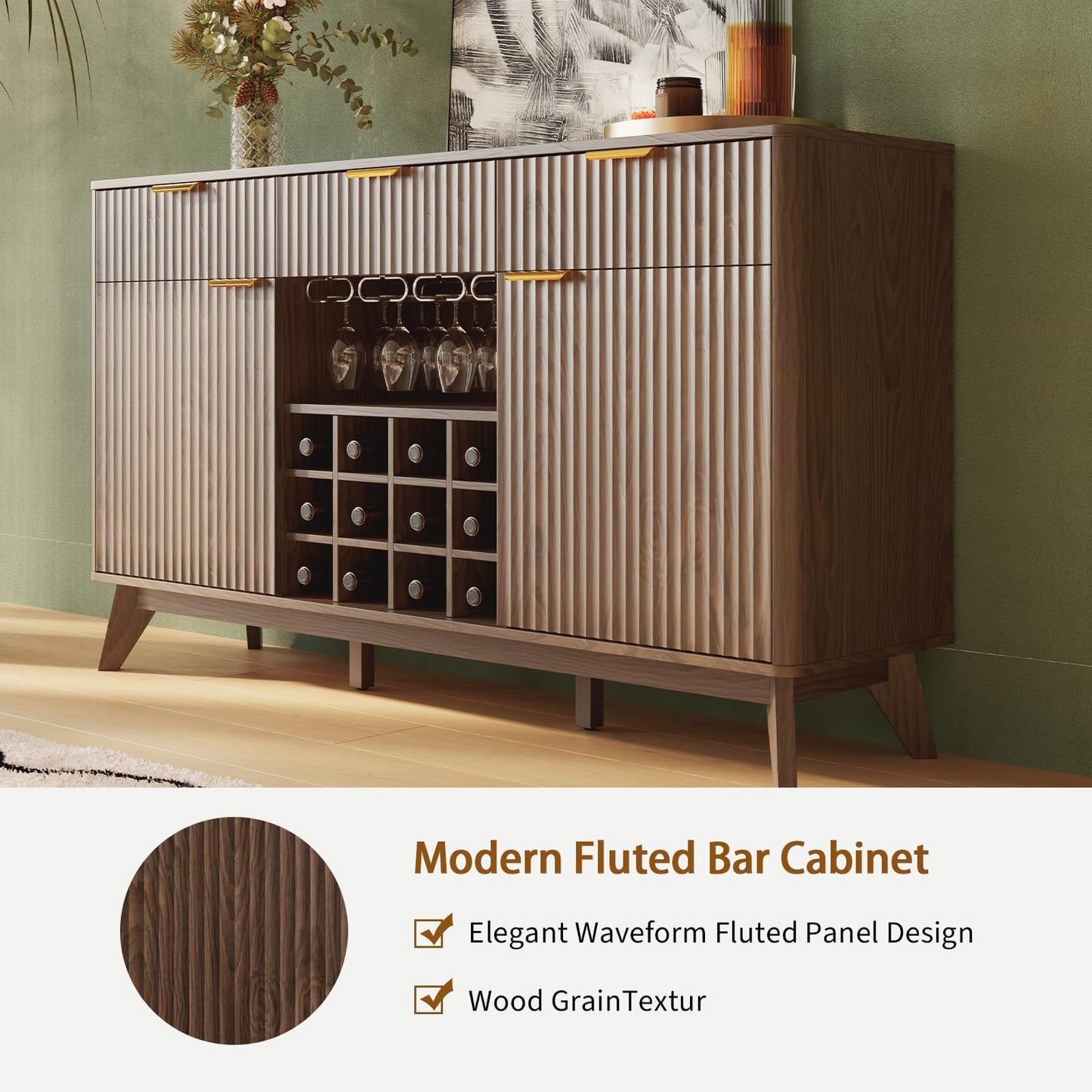 60" Wide Fluted Wine Bar Cabinet with Storage, Modern Buffet Sideboard with 2 Side Cabinets, 3 Drawers, Liquor Rack and Glass Holder, Adjustable Shelves, Alcohol Indoor Bars for Kitchen, Living Room