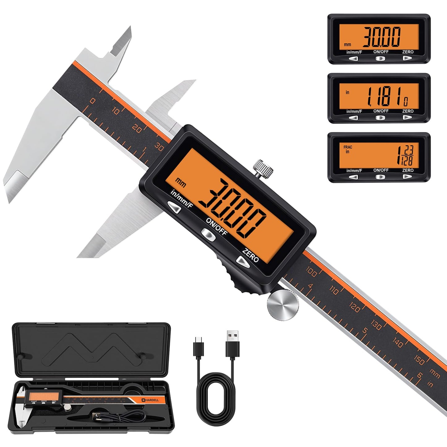 HARDELL Digital Caliper, Rechargeable Caliper Measuring Tool with Large Orange Screen, Stainless Steel Digital Micrometer with Auto-Off Feature -Inch/MM/Fraction for DIY/Household/3D-Printing