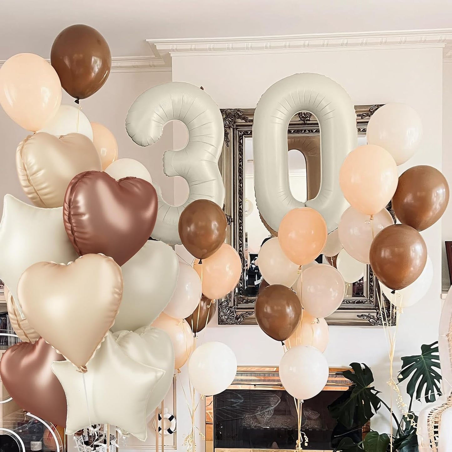 Skiennix 30 Balloons Decor - Beige Nude Apricot Foil Star & Heart Balloons | 40'' White Sand Helium Number 30 for 30th Birthday & Wedding Anniversary Celebrations