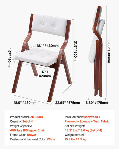 VEVOR Wooden Folding Chairs with Cushion, Set of 4, Portable Foldable Cushion Chair with Wooden Frame, Modern Padded Dining Chair for Kitchen, Office, Wedding, Party, Dining Room, Easy Assembly, White