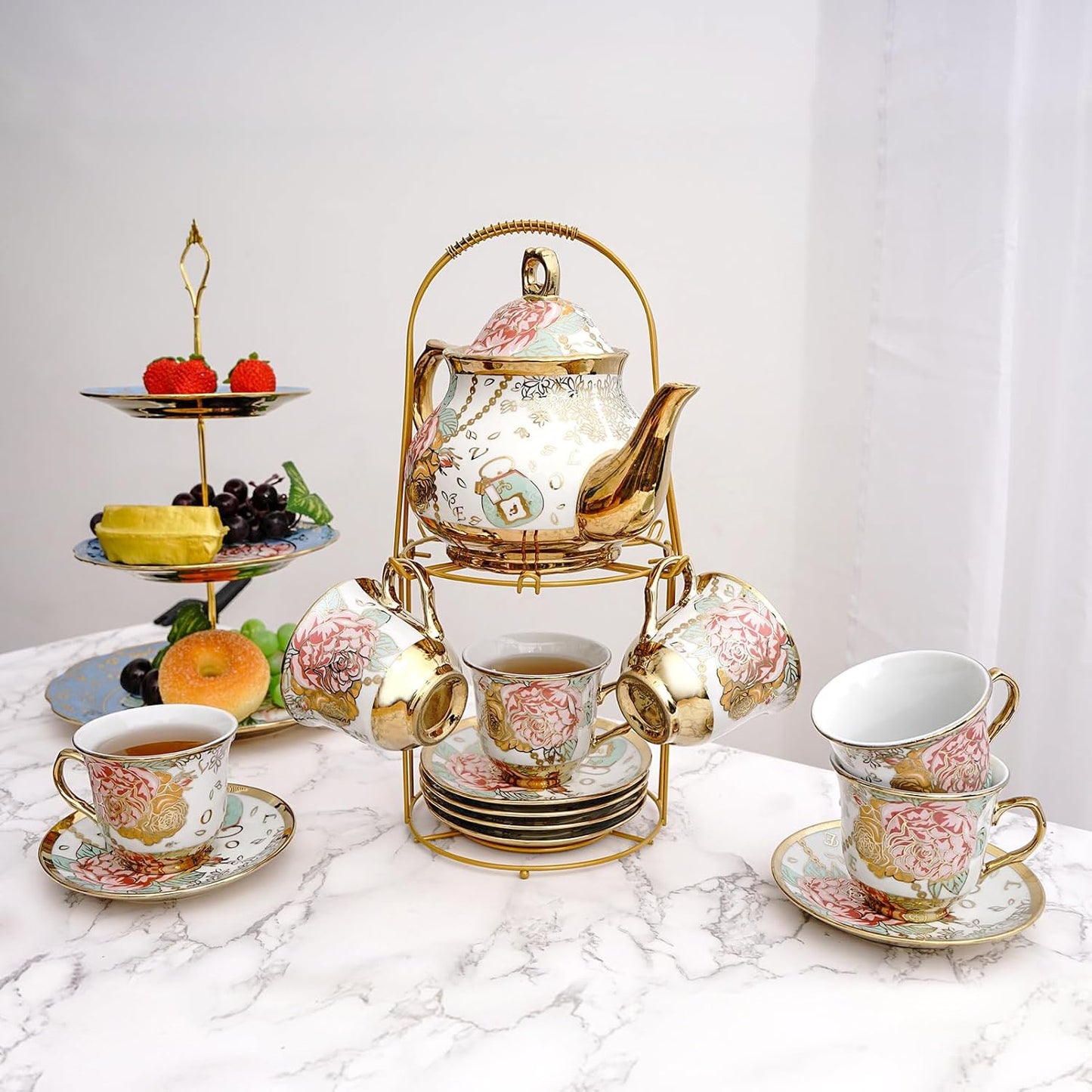 TEASFUSION 20 Set Set, Set Pieces European Vintage Ceramic Tea with Metal Cup Holder, Adult Tea Women's Afternoon Tea