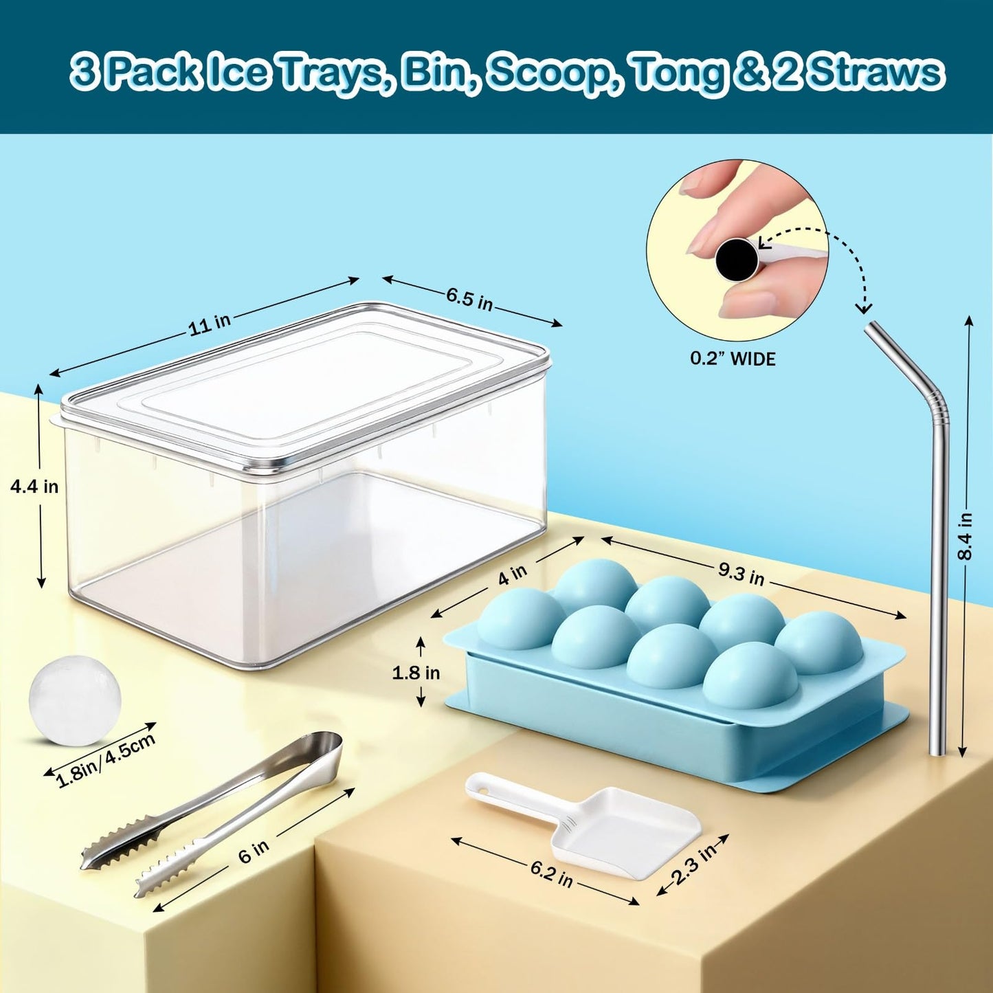 1.8in Large Ice Cube Molds - Big Round Whiskey Ice Trays for Freezer with Bucket, Scoop, Tongs, 2 Straws - Easy to Fill & Release, Bourbon Cocktail (3 pack, 8 Balls)