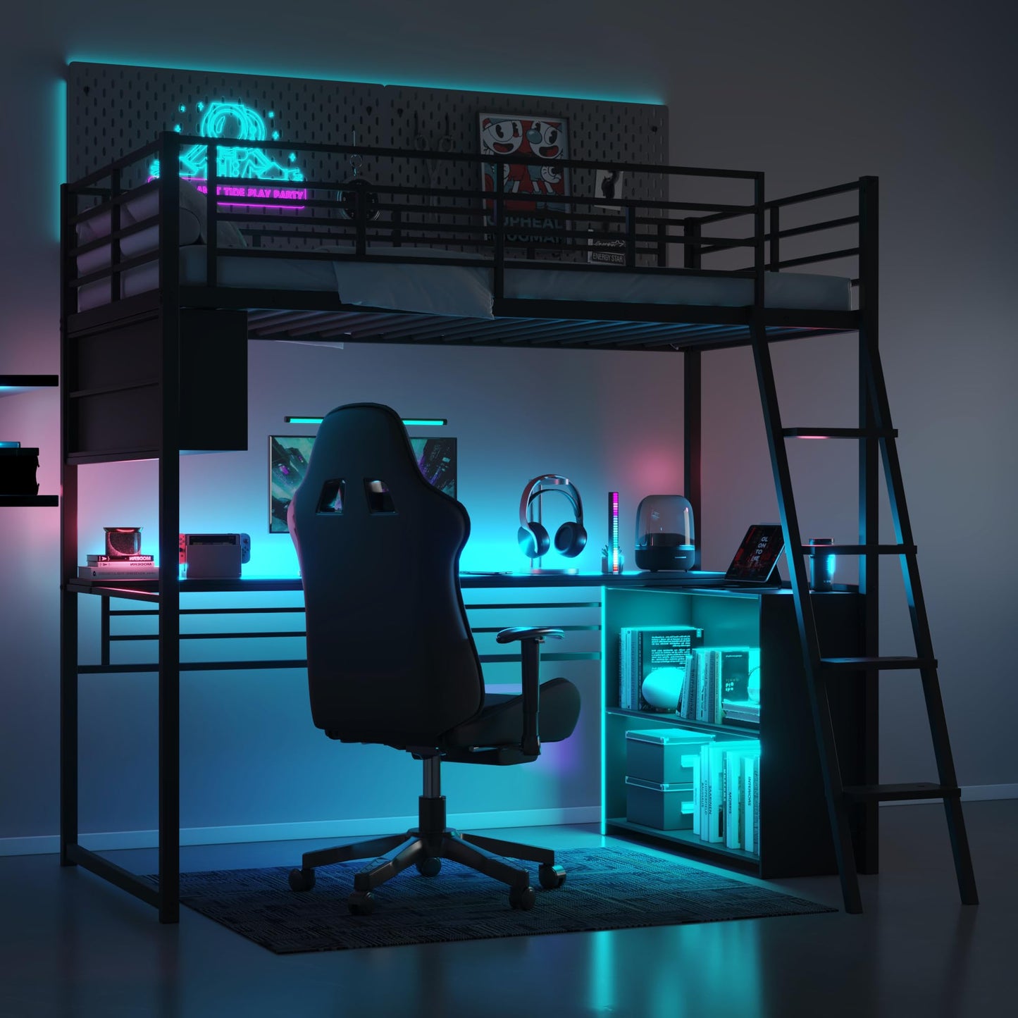 Metal Twin Size Loft Bed with Desk and LED Light,Heavy Duty Loft Bed Frame with Storage Shelves and Inclined Ladder for Kids,Adults,Twin Size,Black