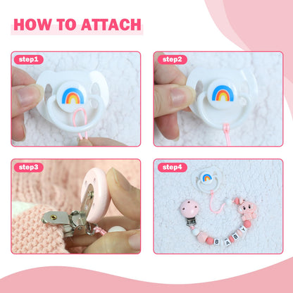 SCOM Reborn Baby Doll Accessories Set - Rainbow Magnetic Pacifiers & Removable Reusable Baby Doll Bottles with Silicone Pacifier Clips for Reallife Realistic Reborn Dolls Girls Boys, Pink Style, 3 Pcs