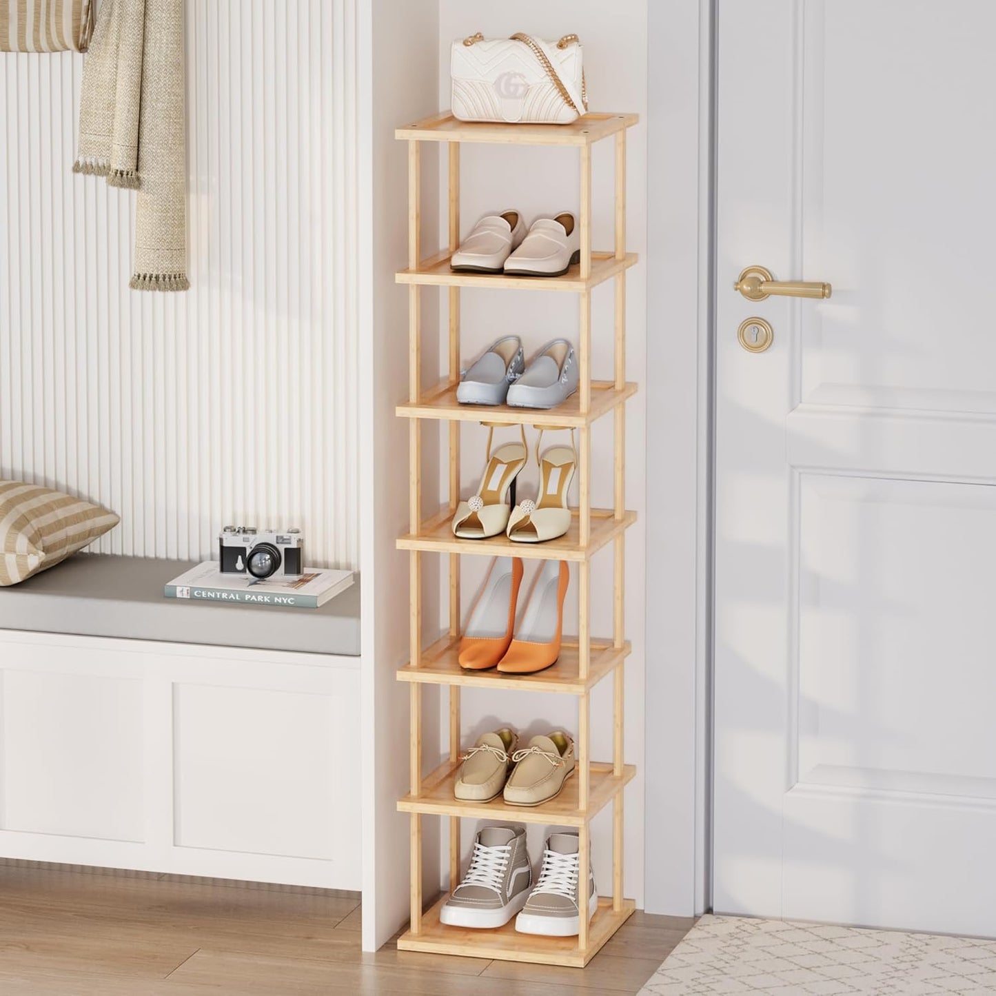 7 Closet Vertical Tall Shoe Rack For Entryway - Tall Tier Free Standing Slim Narrow Bamboo Wood Shoe Boots Storage