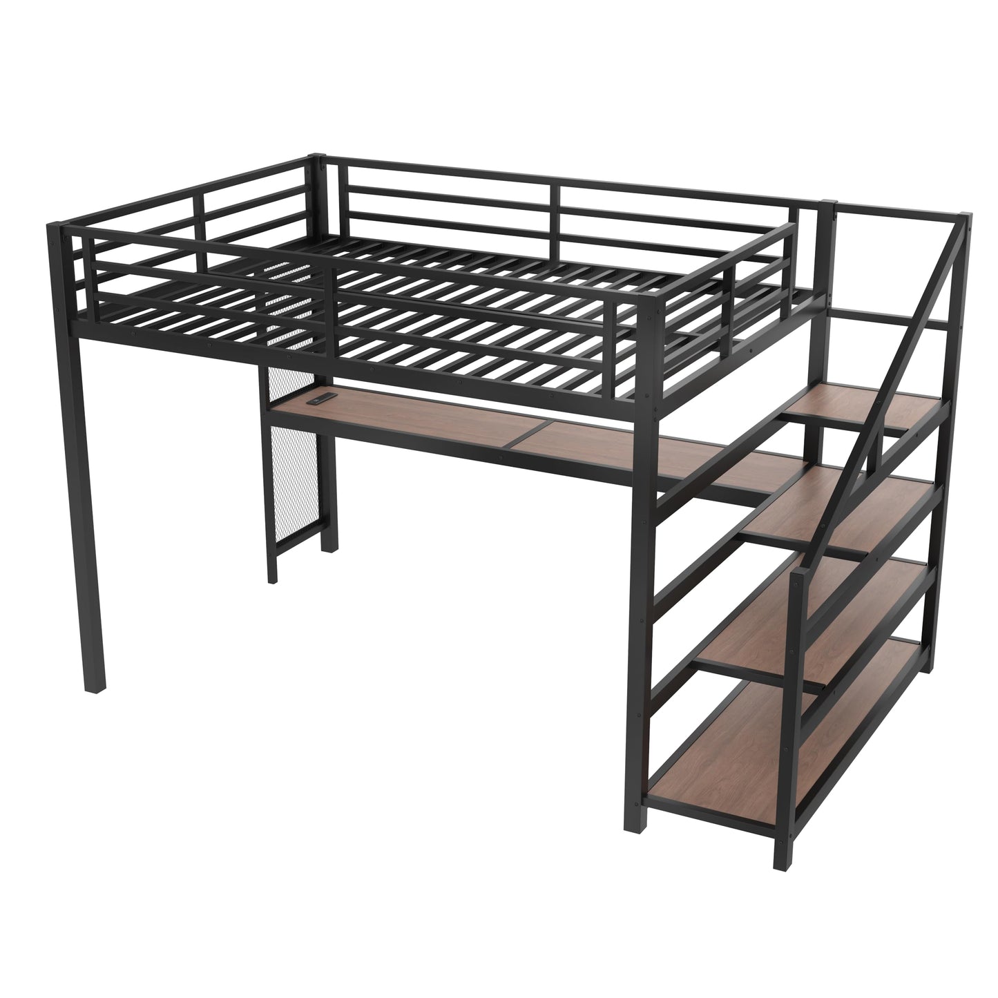 Queen Size Loft Bed with Desk and Storage Stairs, Metal Loft Bed Frame with LED Lights, Charging Station, and Multi-function Iron Nets, Loftbed for Kids, Teens, Adults, Noise-free, Black and Wood