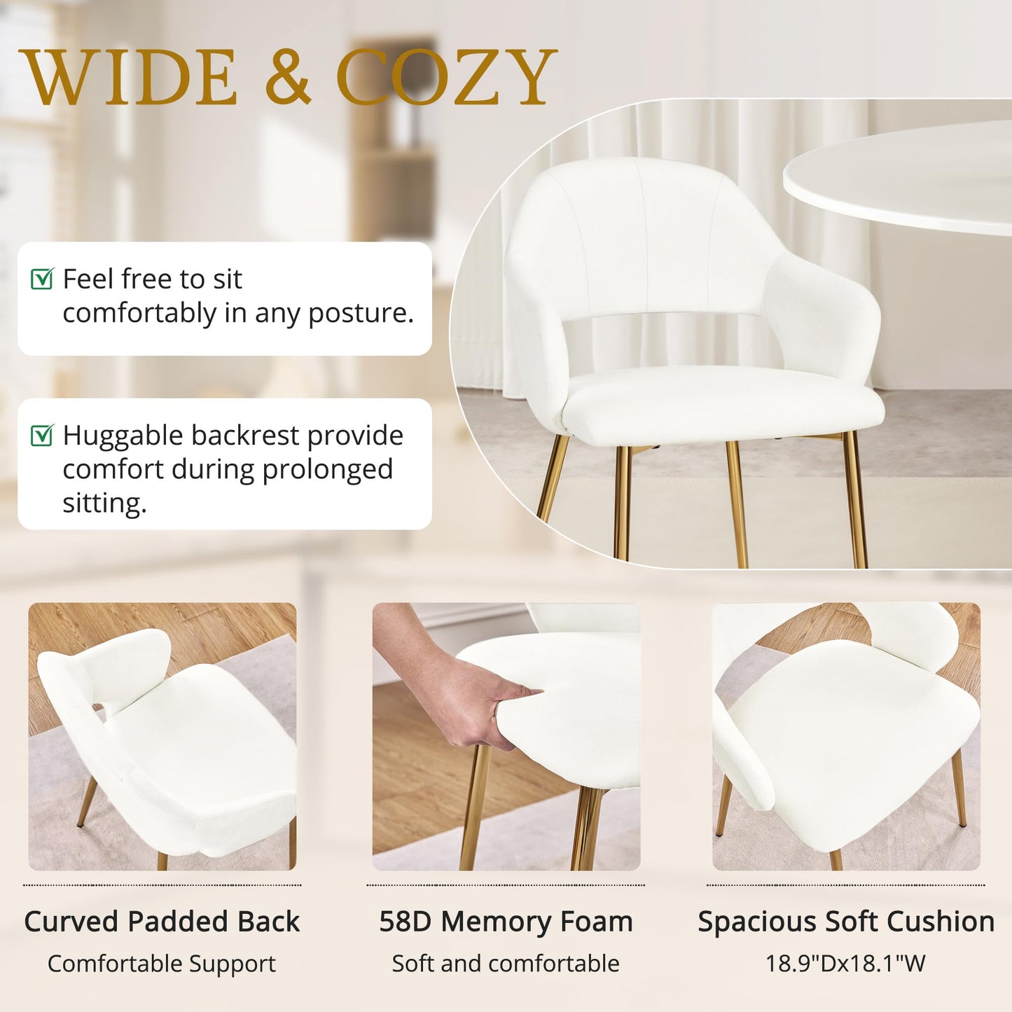 VECELO Velvet Dining Chairs Set of 4, Modern Upholstered Kitchen Chairs with Cushion, Padded Backrest and Metal Legs, White