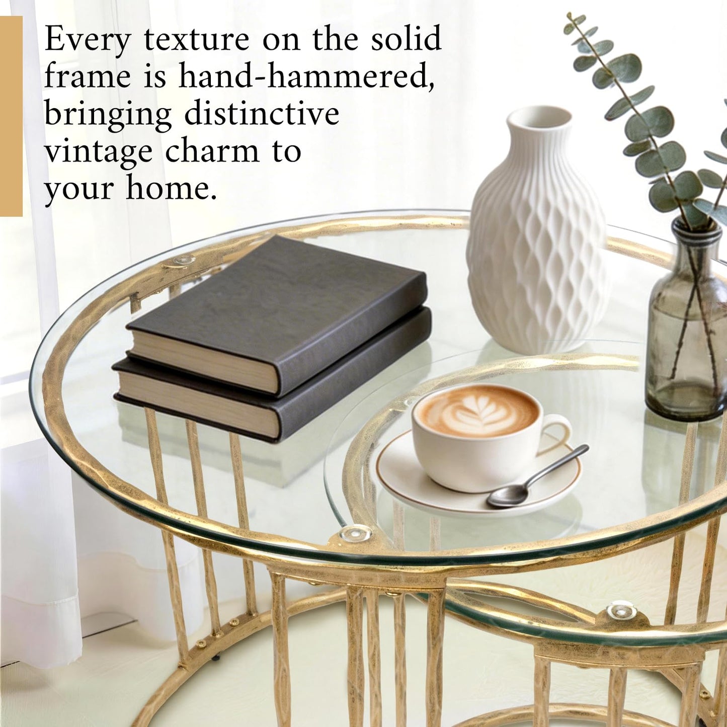 BEGINS Nesting Coffee Table Set of 2, 23.6" Round Coffee Table, Hand Forged Vintage Gold Center Table with Glass Top for Living Room, Bedroom, Balcony