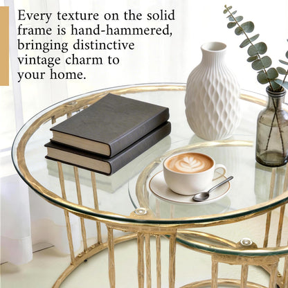 BEGINS Nesting Coffee Table Set of 2, 23.6" Round Coffee Table, Hand Forged Vintage Gold Center Table with Glass Top for Living Room, Bedroom, Balcony