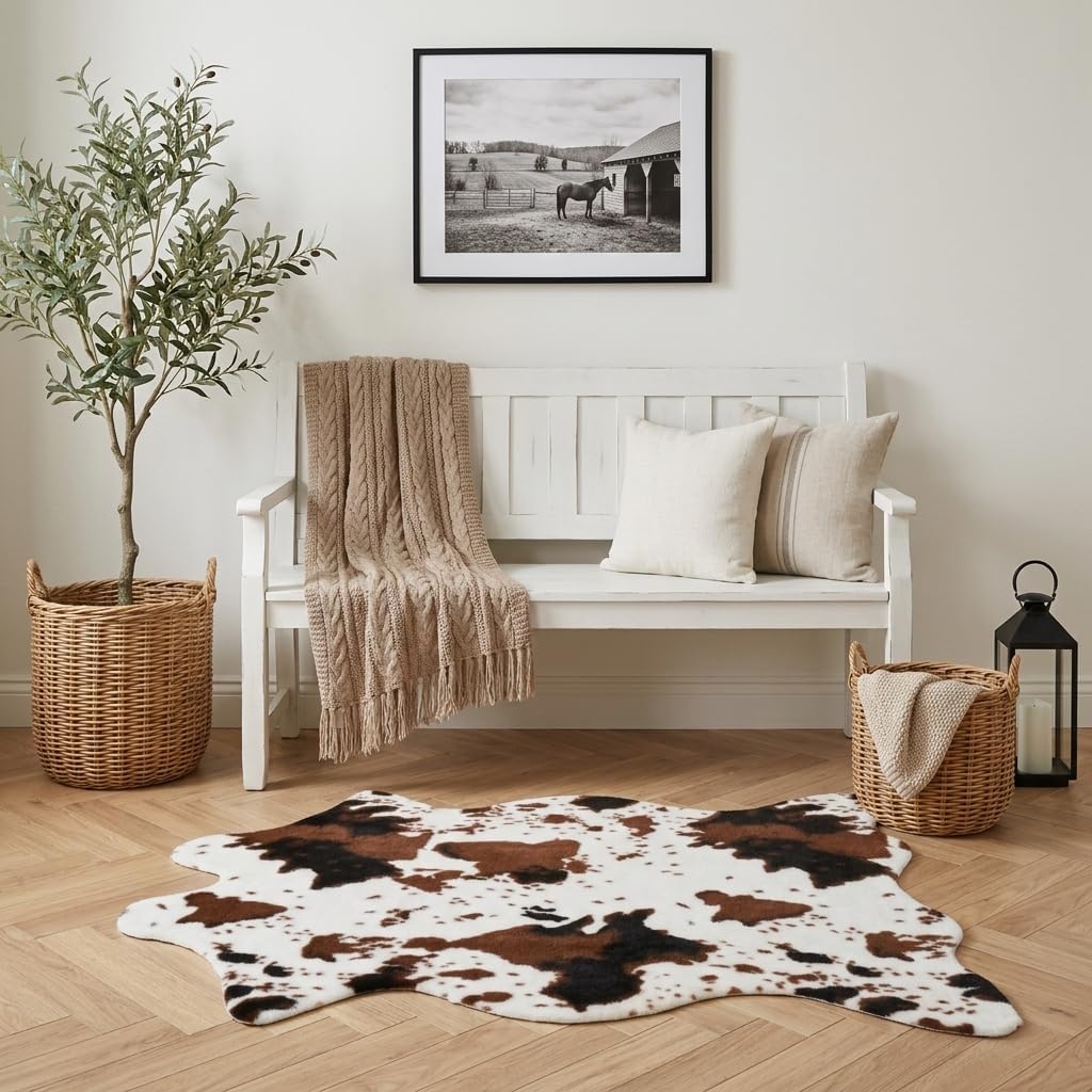 2'6"x3'7" (75x110cm) Cow Print Rug, Faux Fur Cowhide Area Rug for Living Room, Bedroom,Nursery Decor, Western Farmhouse