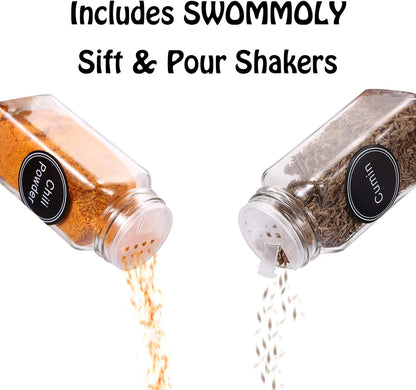 SWOMMOLY 36 Glass Spice Jars with 703 Spice Labels, Empty Square Spice Bottles 4 oz with Pour/Sift Shaker Lid, Airtight Cap, Chalk Marker and Funnel Complete Set
