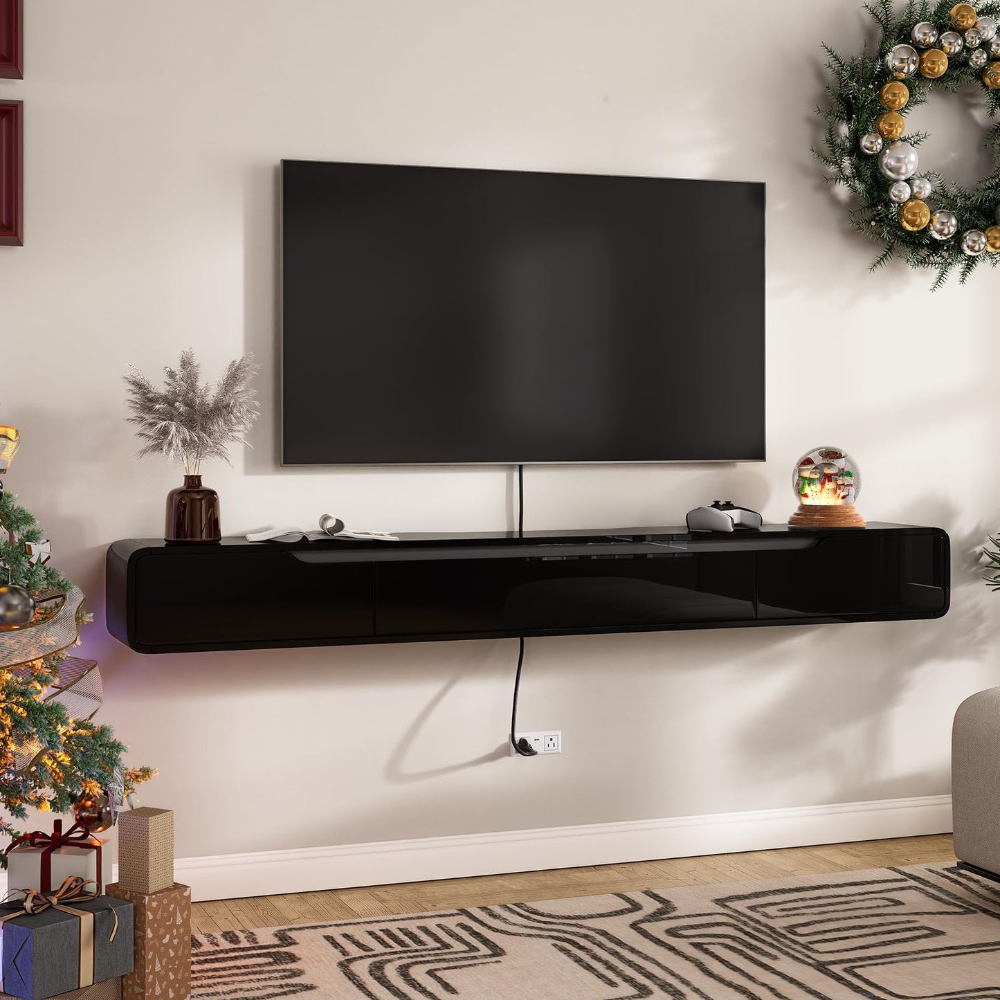 FurniNova 70'' Floating TV Stand with Drawers, Wall Mounted TV Console, High-Gloss Floating Entertainment Center Under TV Shelf for Living Room Bedroom,Fully Assembled,Black