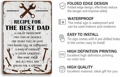 Recipe For The Best Dad Tin Sign Fun Workshop Metal Signs Unique Father's Day Gift for Dad 8x12 Inch
