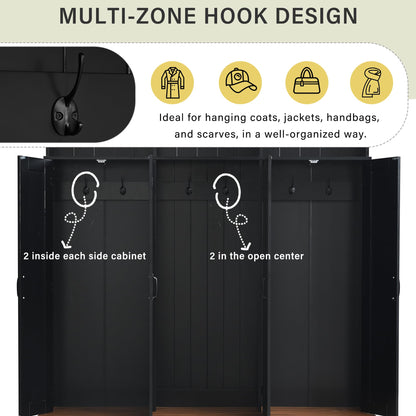 Merax 62.2''W Entryway Hall Tree with Bench, 3 Top Cubbies & Bottom Storage Space, Farmhouse Coat Rack with Hooks & Cabinets for Entryway, Hallway, Mudroom, Living Room