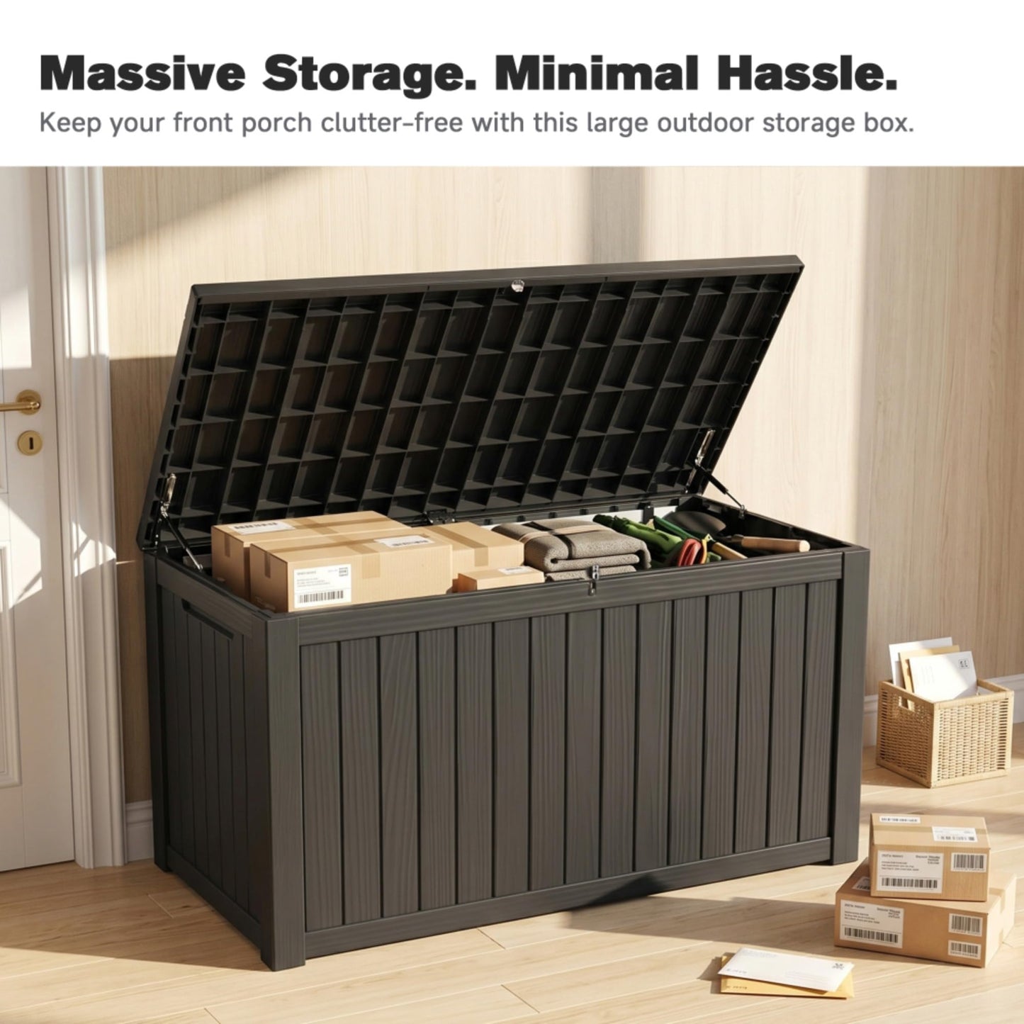 Large Outdoor Storage Deck Box, Resin Patio Container with Lockable Lid, Hydraulic Lift, Wood Texture Panels, Bench Table Function for Cushions Garden Tools Pool Gear Sports Equipment (180 Gallon)