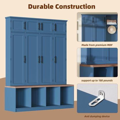 Hall Tree with Bench and Shoe Storage Compartments for Entryway, Particle Board Multi-Functional Cabinet with 4 Hanging Hooks, Blue