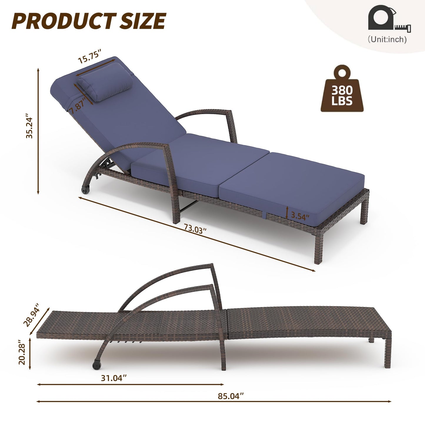 GarveeLife 2-Piece Rattan Patio Folding Chaise Lounge, 5-Position Adjustable Backrest Outdoor Lounge Chair with Cushion and Pillow for Poolside, Backyard, Deck, Porch, Blue