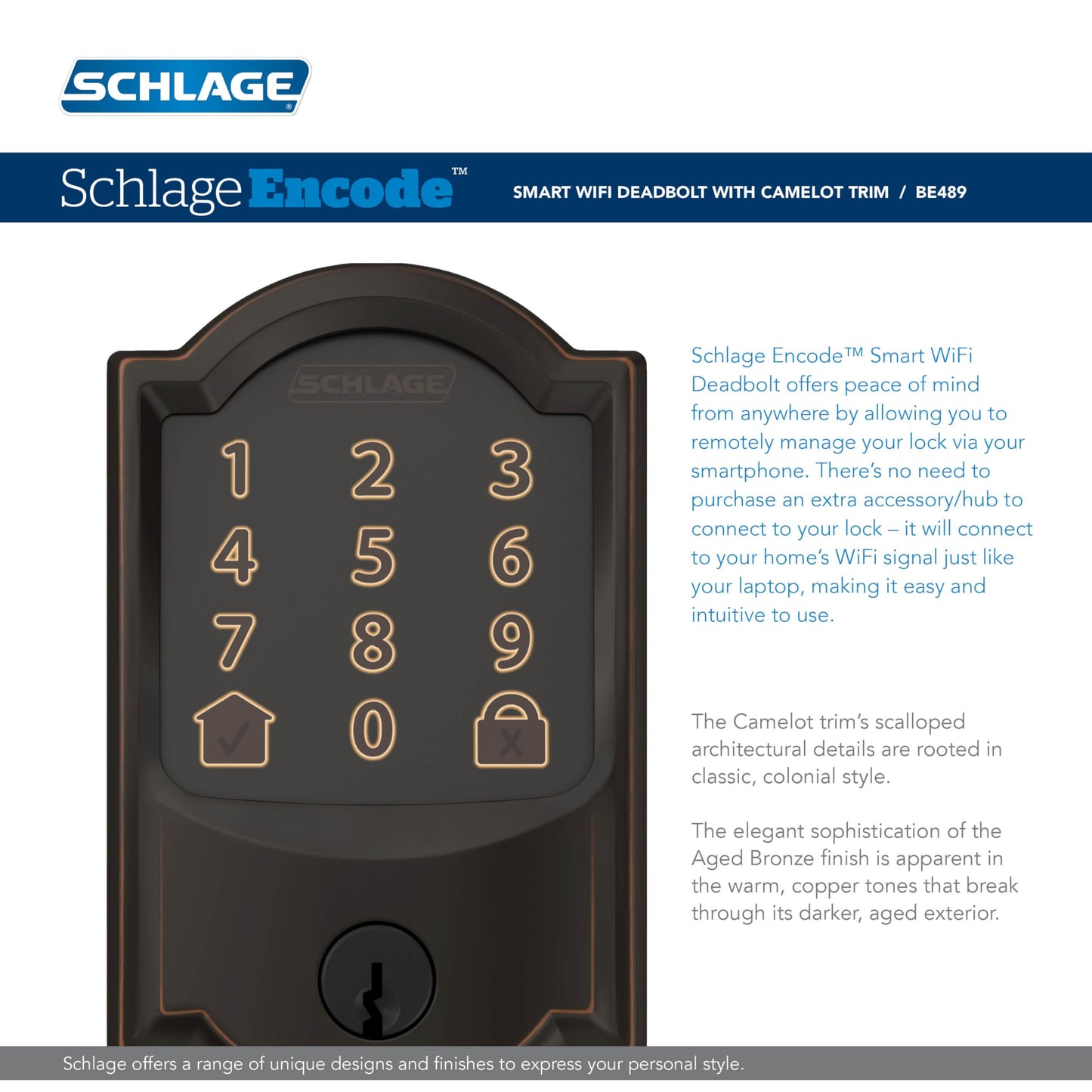 SCHLAGE BE375 CEN 622 Touch Keyless Touchscreen Electronic Deadbolt Lock, Matte Black