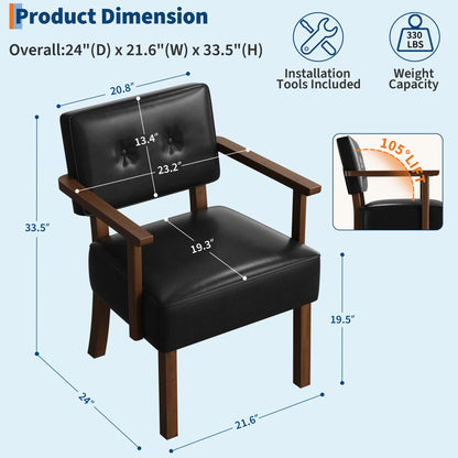 Garvee Mid-Century Accent Chair Set of 2 with Wood Frame, PU Leather Upholstered Lounge Arm Chair with Classic Button Tufting Reading Leisure Chair for Living Room, Bedroom, Balcony, Black
