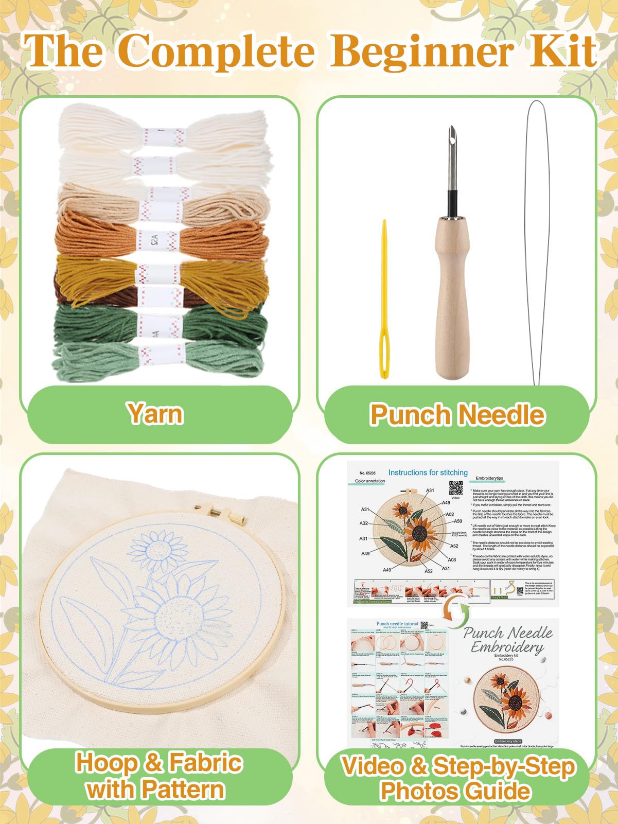Punch Needle Kit Adults Beginner - Step-by-Step Video & Guide, Includes Hoop/Needle/Yarns/Punch Needle Fabric with Pattern, Spring Embroidery Craft Gifts for Women, Sunflower