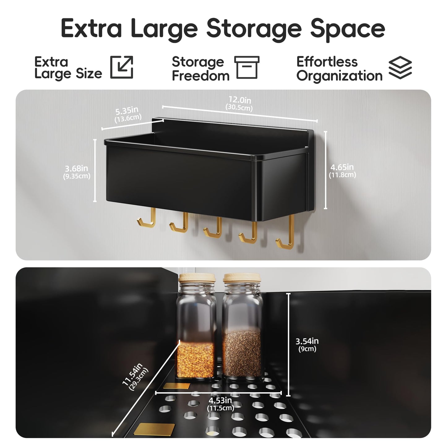 Evemlceol Magnetic Spice Rack for Refrigerator 2 Pack Large Magnet Shelf for Fridge Kitchen Storage Organization with 10 Removable Golden Hooks