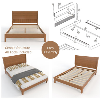 Full Size Platform Bed with Bamboo-made Structure, Mid-century Style Bedframe with Chic Design Headboard, Sustainable Bed Frame Full for Bedroom, No Box Spring Needed & Easy Assembly, Warm Brown