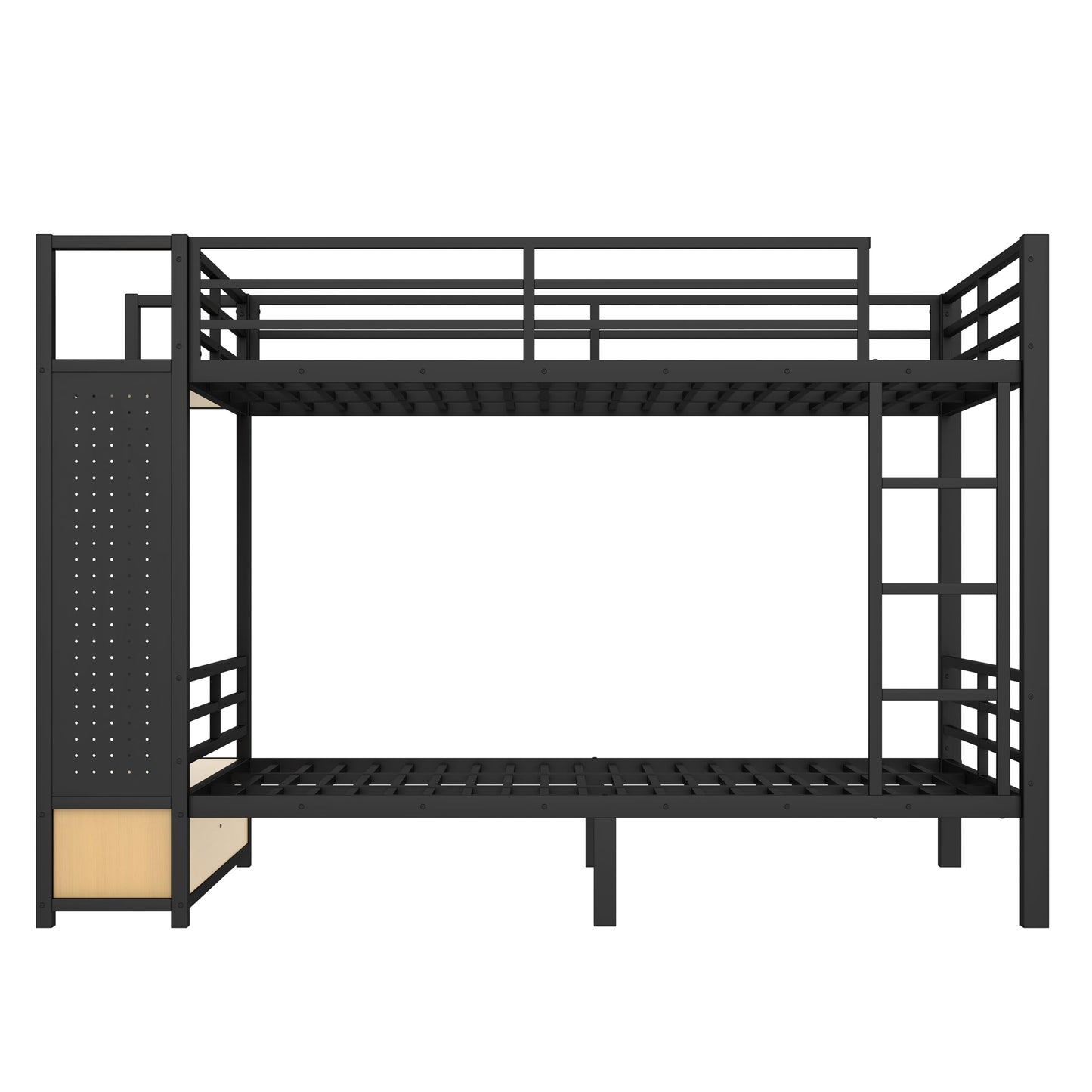 Bellemave Queen Over Queen Metal Bunk Bed with Storage Drawers and Shelves, Heavy Duty Bunk Beds with Pegboard and Coat Rack for Kids, Adults,Black