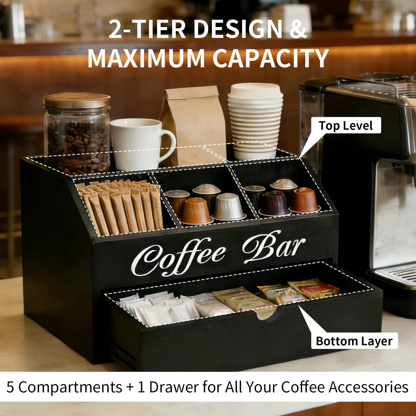 Eastsign Coffee Bar Organizer for Countertop, 2-Tier Wooden Coffee Station Accessories Holder with Dust-Proof Drawer, 5 Storage Compartments for Syrups, Pods, Tea Bags and Cups, Black