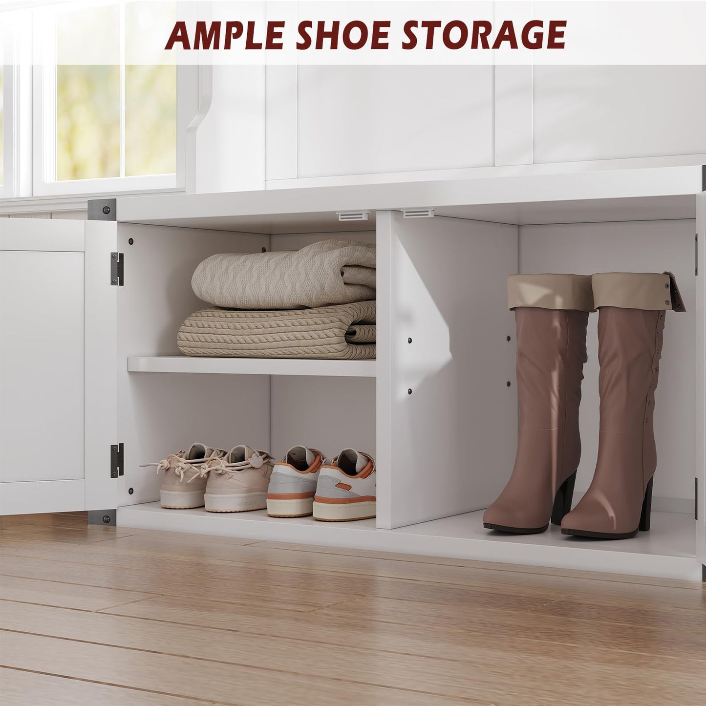 IDEALHOUSE 76" Hall Tree with Bench and Shoe Storage, Farmhouse 4-in-1 Entryway with Coat Rack & 5 Tri-Hooks, Adjustable Shelf, White Mudroom Bench with Storage Seating, Space Saving, White
