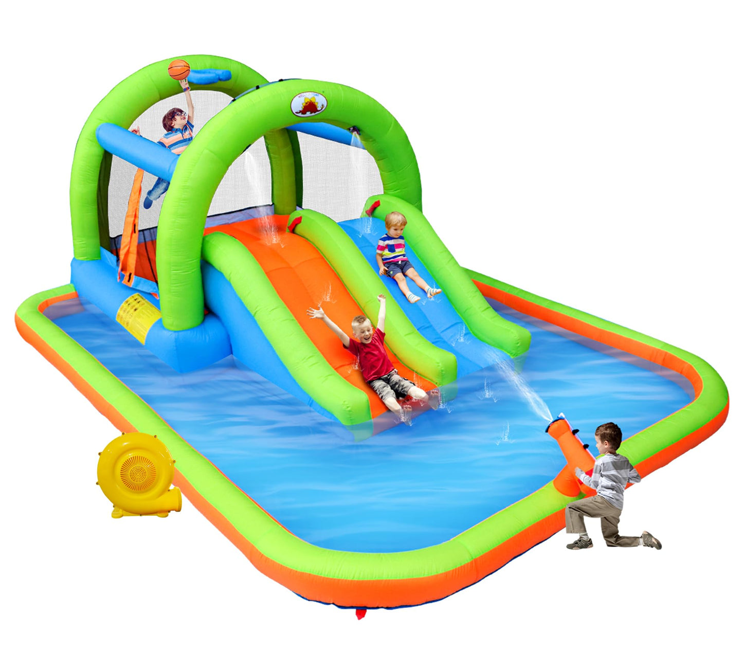 WELLFUNTIME Inflatable 2-in-1 Water Slide Bouncy Castle with Blower, Jumping House with Double Slide & Basketball Ring for Kids, Jumping Area for 3 Kids