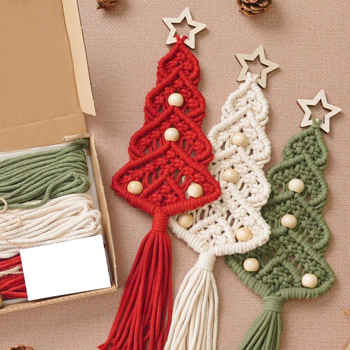 3 Pack Christmas Tree DIY Macrame Kit for Beginners Boho Christmas Decorations Xmas Ornaments Wall Hanging Decor for Winter Holiday Wall Hanging Art Crafts Decor Party Supplies
