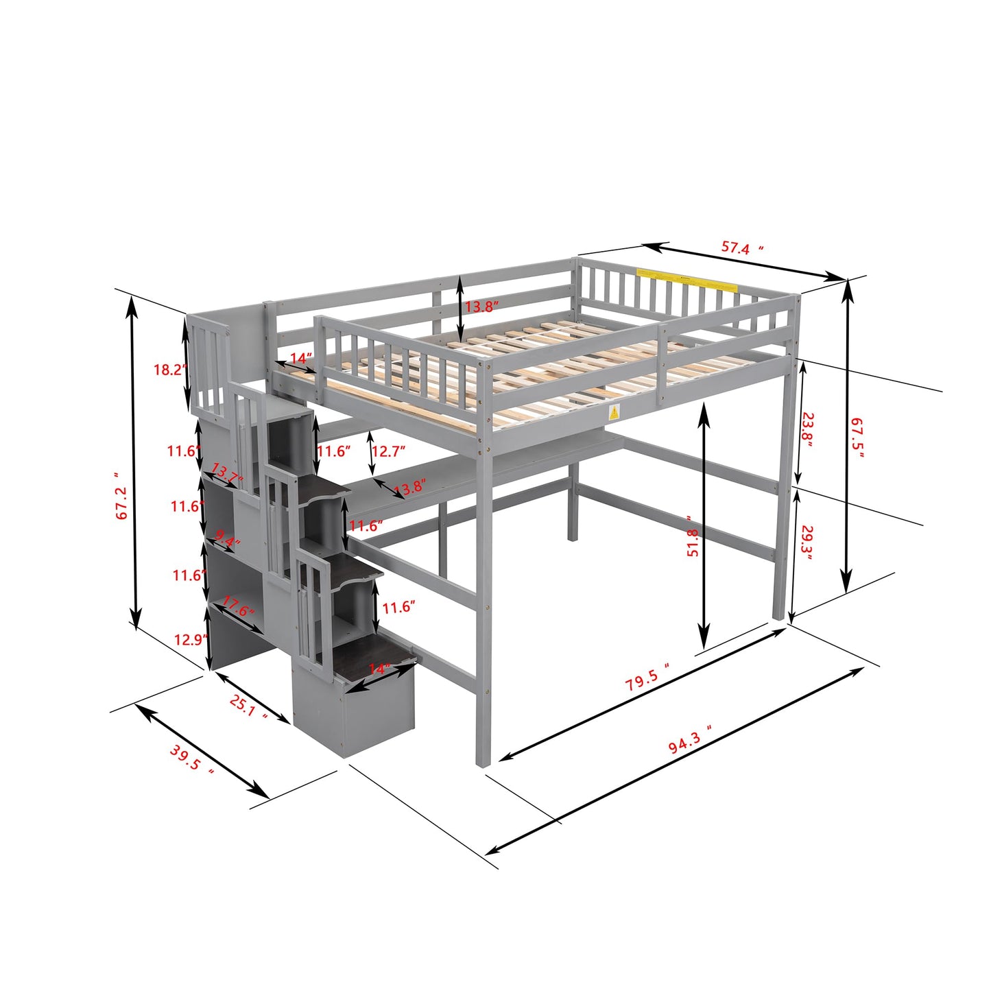 Bellemave Full Size Loft Bed with Desk and Storage Shelves,Wood Loft Bed Frame with Storage Staircase,High Loft Bed Full for Kids,Teens, Adults,Grey