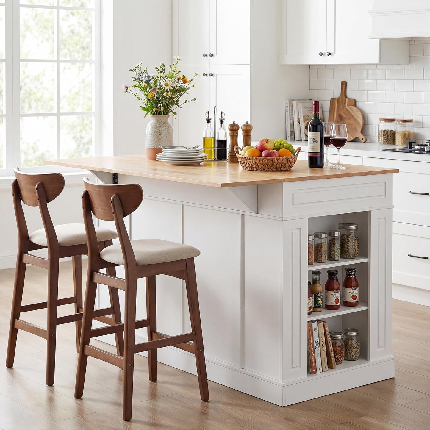 Giantex Kitchen Island with Storage & Drop Leaf, 48" Stationary Island Table with Rubber Wood Top, 2 Drawers, Cabinet, Adjustable Shelf, Butcher Block Island for Living Dining Room, Bar (White)