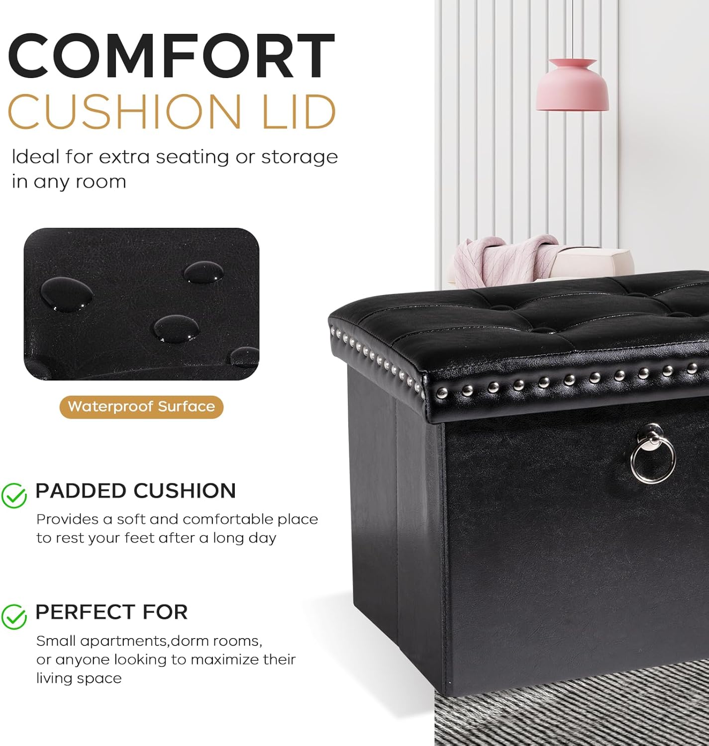 16x12x12 oakvivo Small Storage Ottoman Foot Rest Stool, in Foldable Leather Footstool Storage Bench with Rivet Design