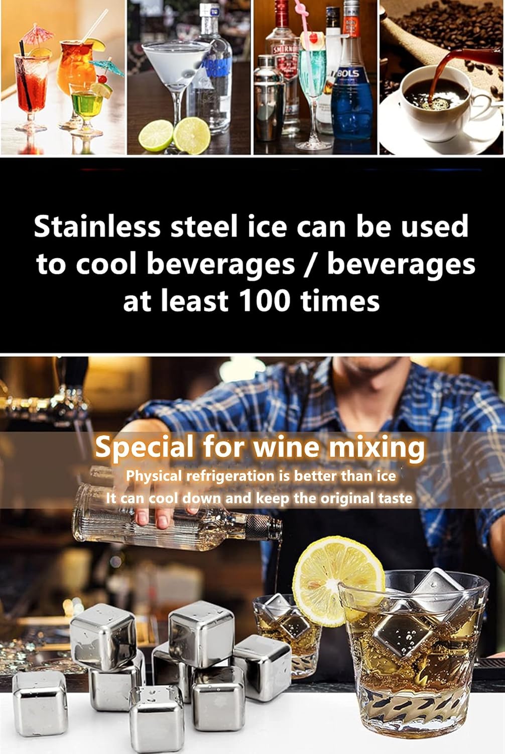 Stainless Steel Ice Cubes, Frozen Metal for Bar, Cold Beer & Whiskey, 8 Pieces