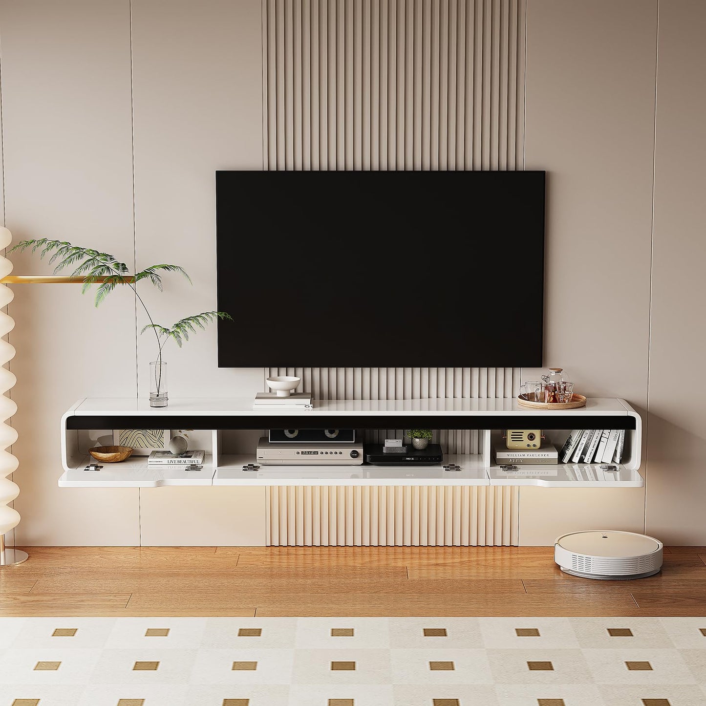 FurniNova High Gloss Floating TV Stand with 3 Doors,47'' Wall Mounted TV Cabinet,Under TV Console,Floating Media Shelft for Bedroom Living Room(White)