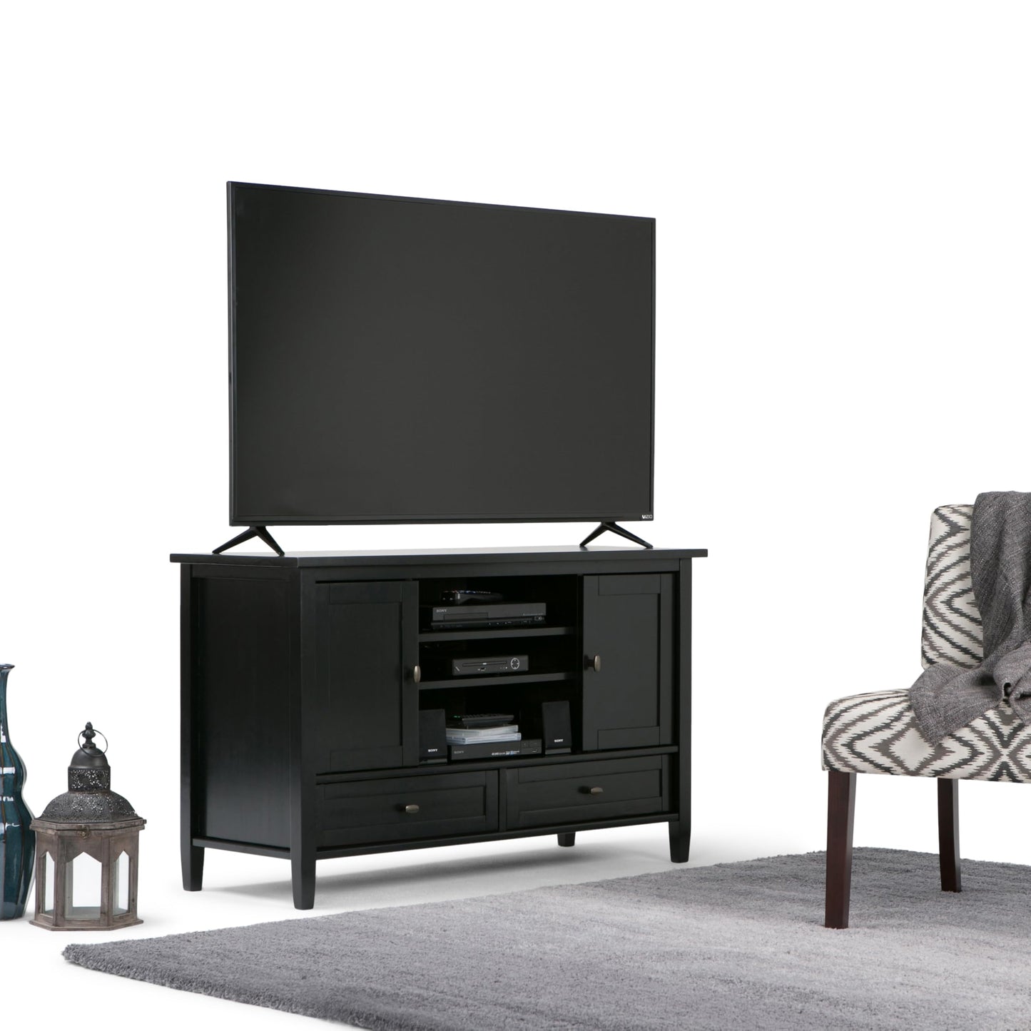 SIMPLIHOME Warm Shaker TV Stand - 47 inch Wide Solid Wood Media Console in Black, Transitional Entertainment Center for TVs up to 50 Inches with 2 Cabinets, 2 Drawers, and Cord Management