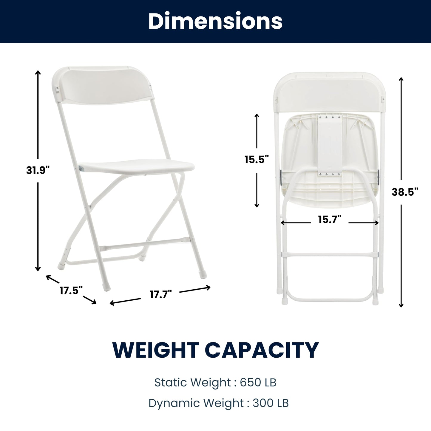 BTEXPERT Set of 50,Indoor Outdoor White Plastic Folding Chairs Stacking Steel Frame Commercial 650LB Weight Capacity Seating Home Yard Garden Wedding Event Party Picnic Dining Church School Portable