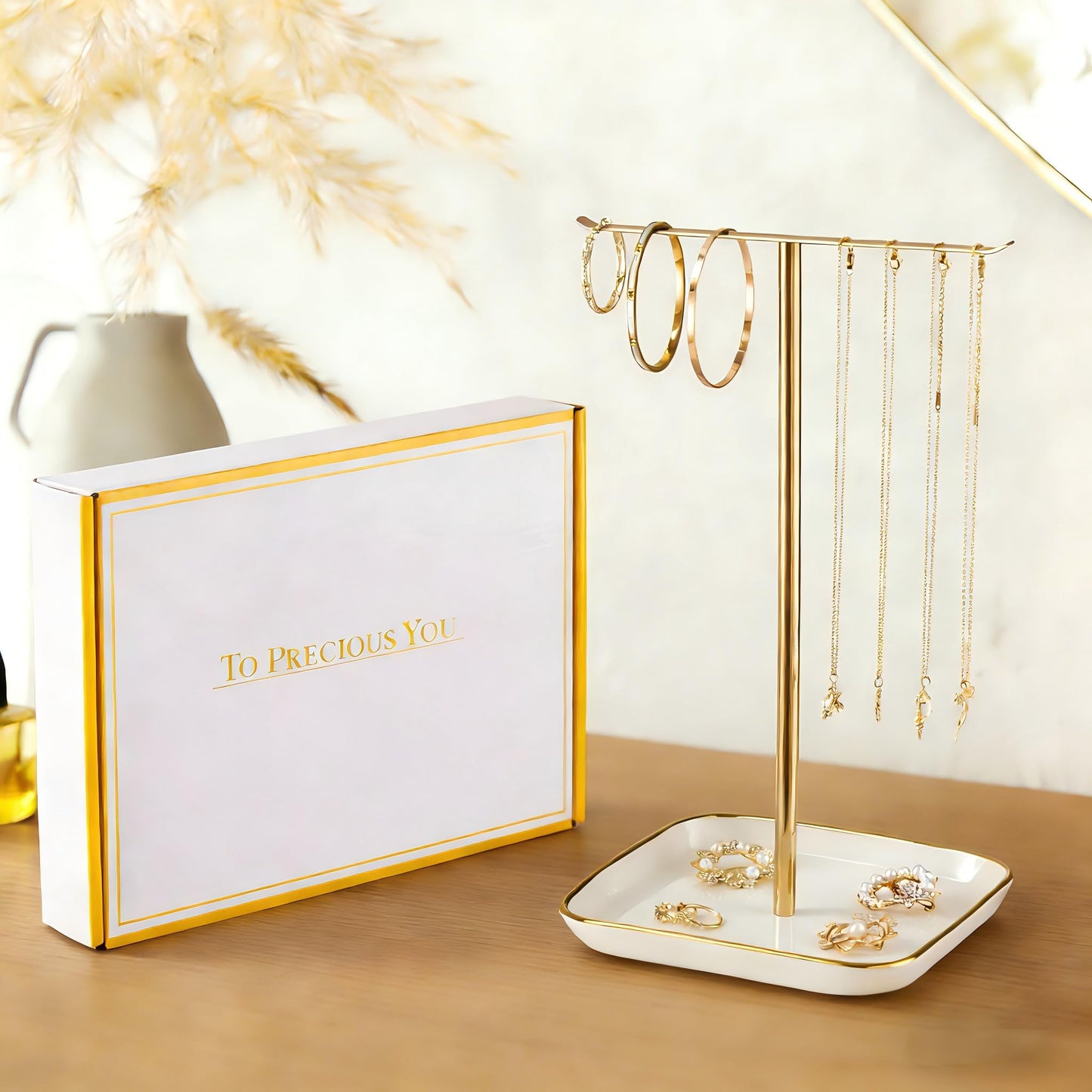 Jewelry Holder Stand with Ceramic Base: 12" Tall Necklace Organizer Rack, Tree Design Display Storage for Necklaces, Bracelets, Rings, Earrings, Aesthetic Room Décor for Girls and Women, Gold